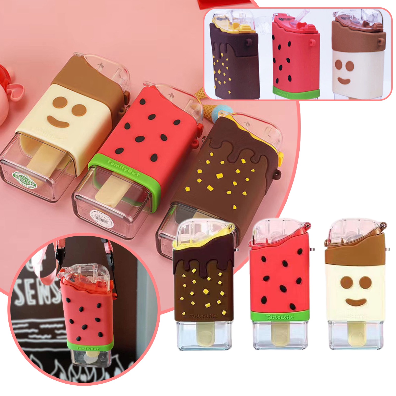 300ml Summer Cute Donut Ice Cream Water Bottle With Straw Square Watermelon Cup Portable Leakproof Bottle BPA Free