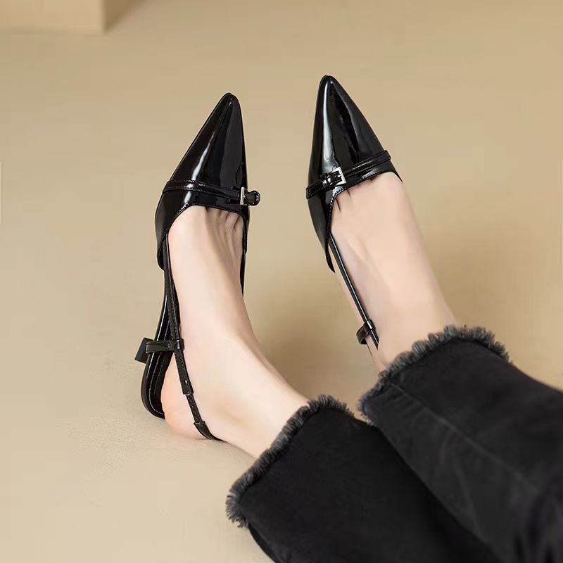 2024 zapatos de de tacones medios sexis con punta estrecha, sandalias de mujer, zapatos de tacón de de de verano, zapatos informales con talón descubierto, zapatillas de vestir: Negro / 40