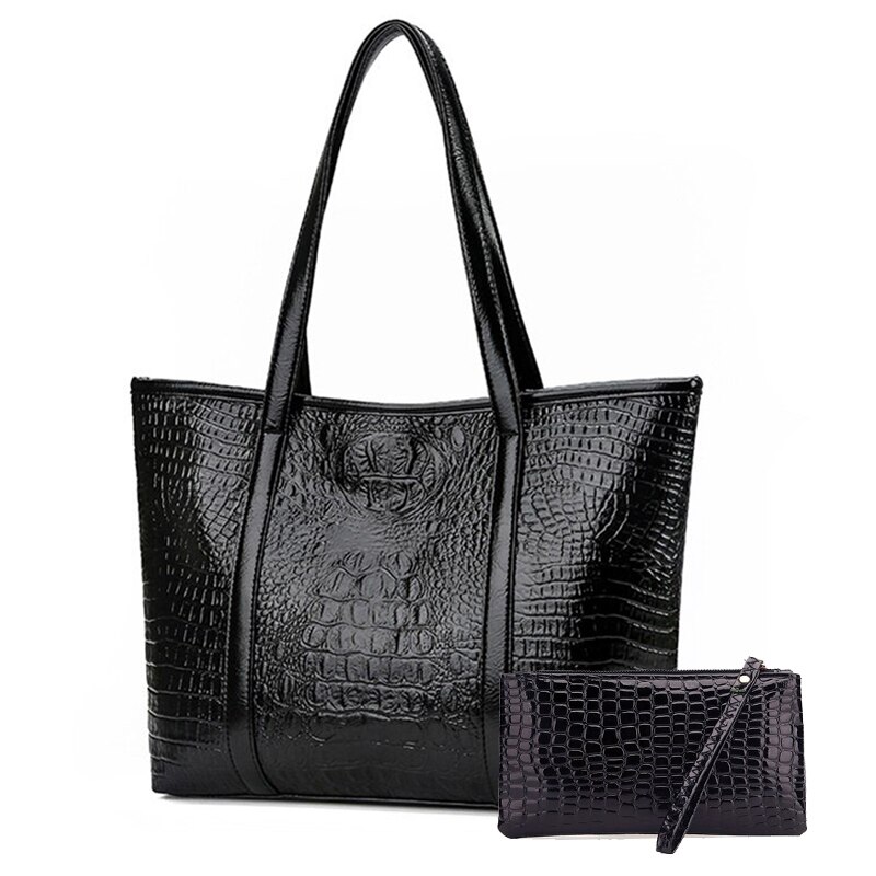 Kvinders taske stor kapacitet krokodille mønster håndtaske mærke dame skuldertaske sort hoved: Sort tegnebog