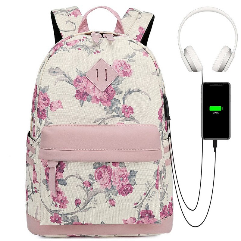 Fengdong flower schooltassen voor meisjes, tieners, usb-rugzak, damestas, middelbare schooltas, schooltas voor tieners: Roze