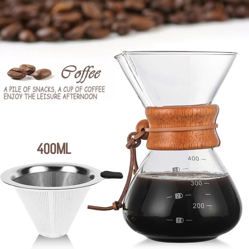 Cafetière en verre résistante avec filtre en acier inoxydable, Anti-brûlure, poignée en bois, cafetière à expresso, outils de Barista