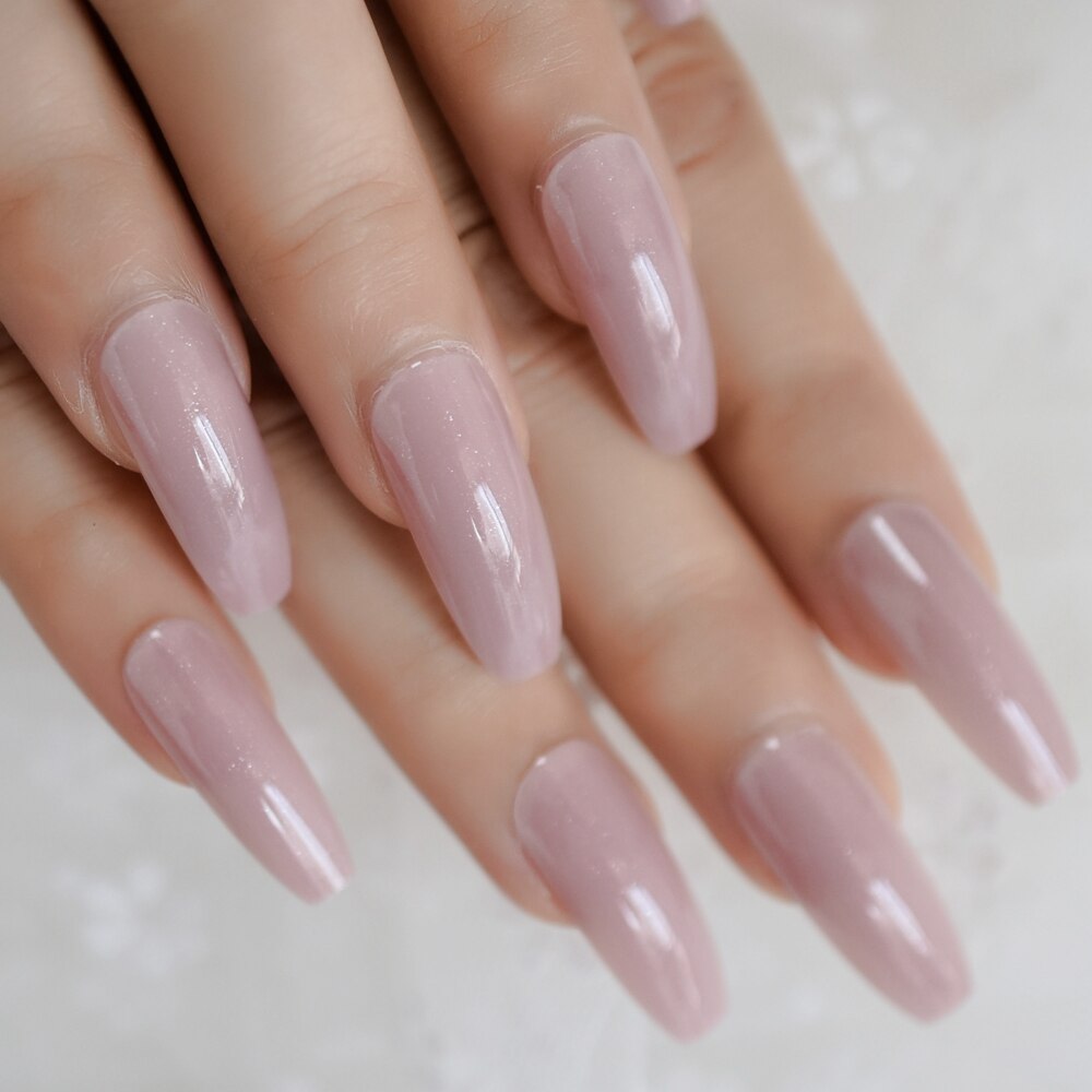 Extreem Ballerina Nail Art Tips Glossy Naakt Roze Shimmer Glitter Patroon Kunstnagels Dunne Lichte Kleur Ontworpen Tips