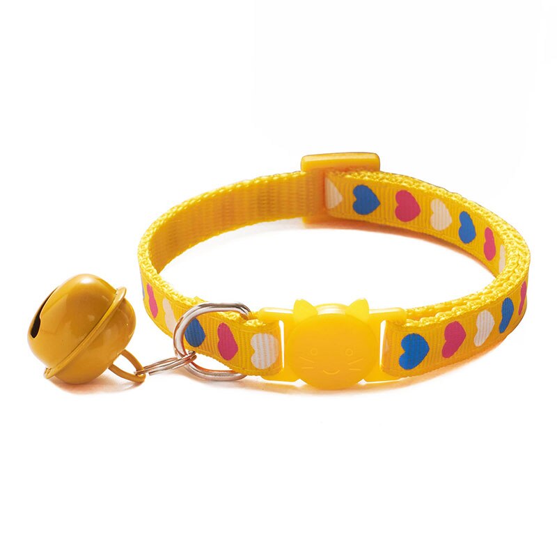 Söta sällskapsdjur halsband hjärta tryck valp justerbar polyester halsband härlig med klockor tryck katt hund halsband krage leverans: Gul