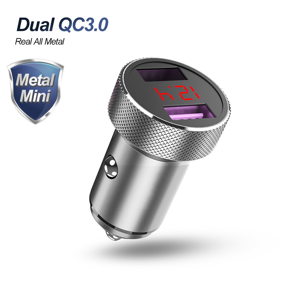 36w carga rápida 3.0 duplo qc 3.0 metal carregador de telefone do carro display digital led para iphone xiaomi samsung huawei usb carregamento rápido: Metal Dual QC Silver