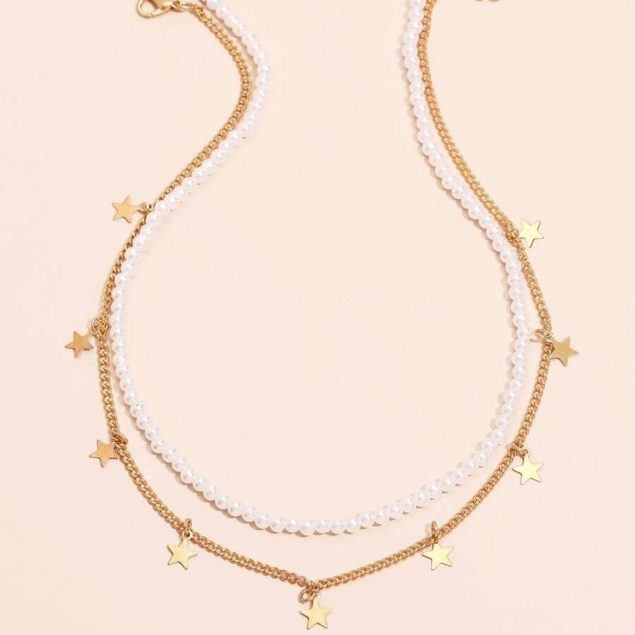Multilayer Trend Elegante Sieraden Kwastje Ster Hanger Gouden Kleur Parel Choker Unquie Vrouwen Mode Ketting X065