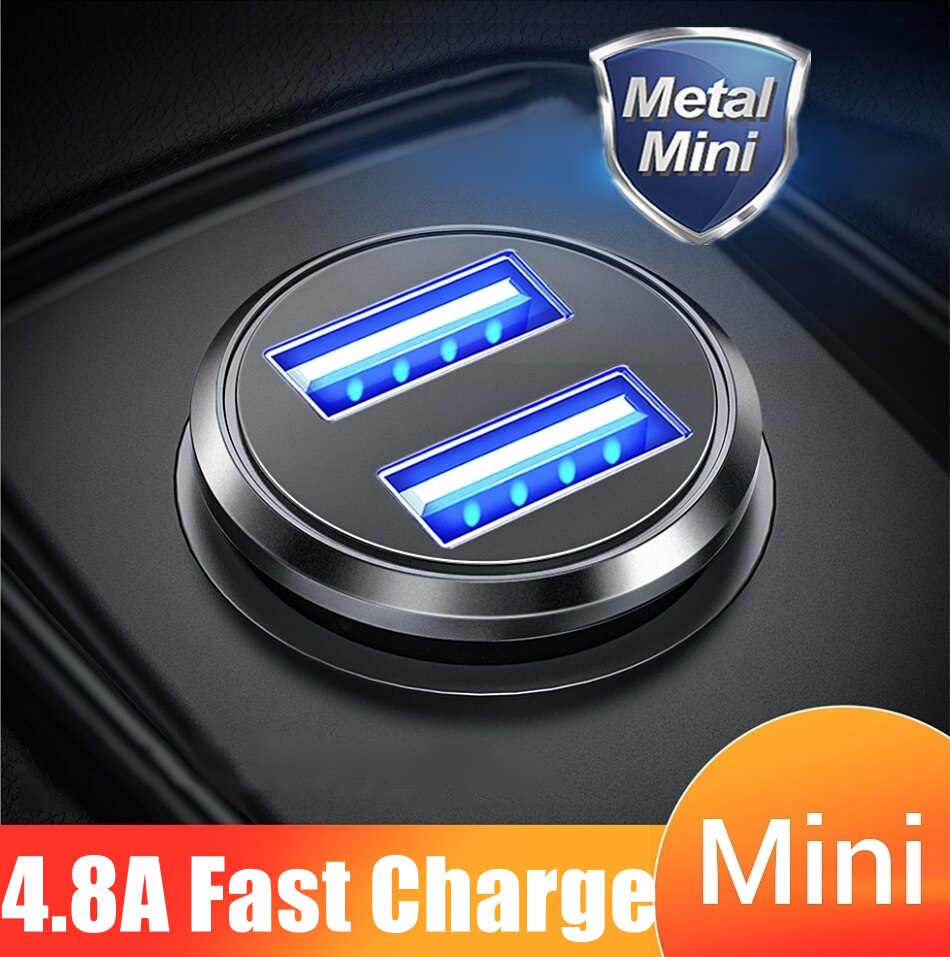 Metalen 4.8A Snelle Charger Mini Usb Car Charger Voor Mobiele Telefoon Tablet Gps Auto-Oplader Dual Usb Auto Telefoon charger Adapter In Auto