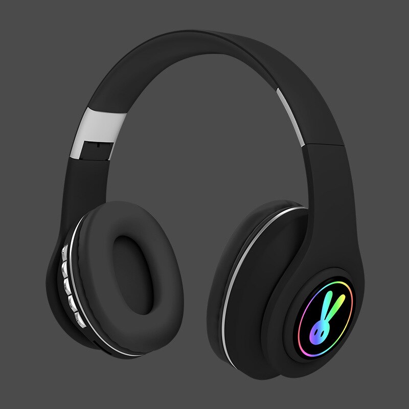 Foldbar led kanin bluetooth børnehovedtelefon med mikrofon søde piger trådløs musikhjelm til iphone android xiaomi: Sort