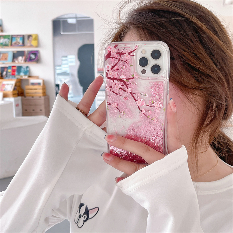 Pink Peach Blossom Quicksand Case for iphone 16 15 14 13 Pro Max 12 Love Hearts Sparkles Liquid Cover Up Down Flowers Funda Capa