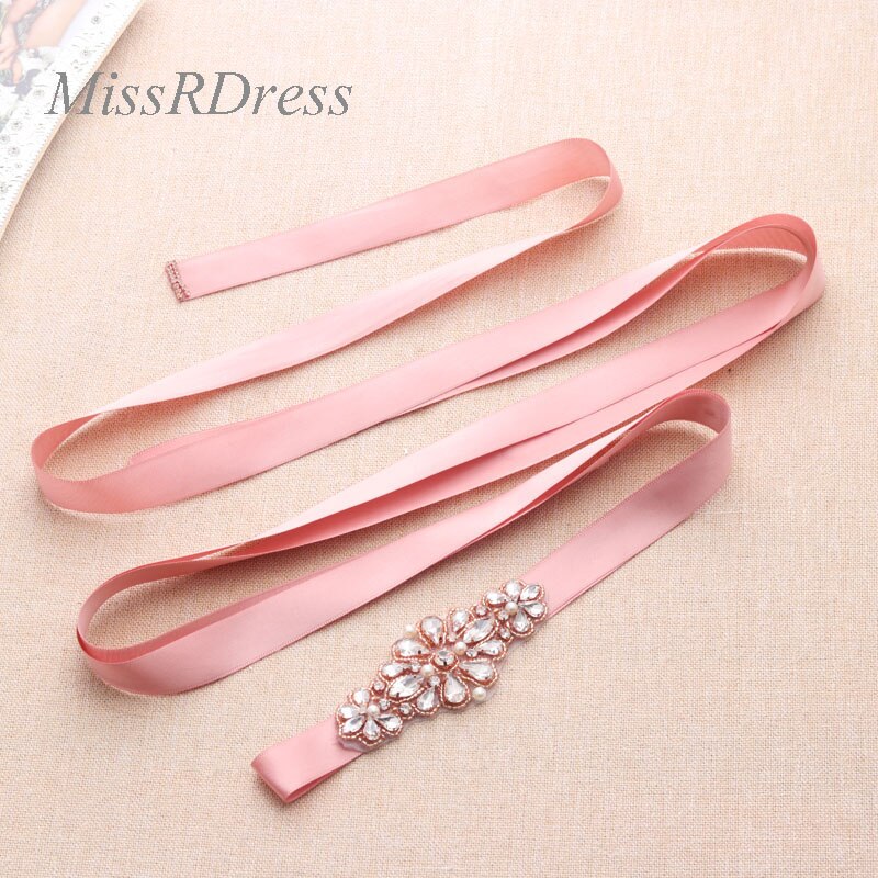 MissRDress Rhinestones Pearls Bridal Belt Hand Beaded Wedding Belt Rose Gold Crystal Bridal Sash For Wedding Dresses JK894