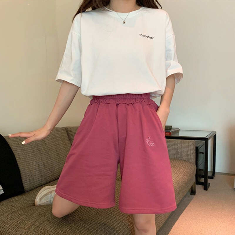 Oversize kvinder månebroderi løse shorts solide afslappet elastik talje smarte shorts koreanske vilde simple studerende underdele