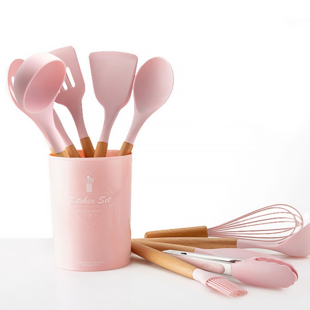 Wooden Handle Silicone Cooking Utensils Kitchen Utensil Set Non-stick Spatula Scraper Soup Spoon Brush Egg Beater Kitchen Tools