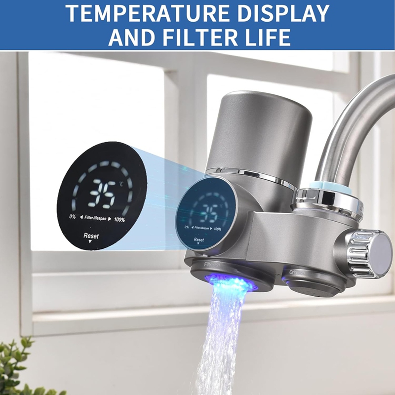 Waterfilter voor kraanmontage, waterzuiveraar met led-display voor het verminderen van lood, chloor en zware metalen, waterfilter voor de wastafel