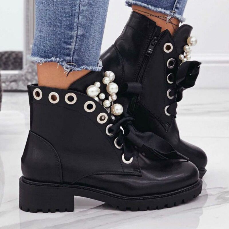 Bottes noires pour femmes, bottines de moto, motard, plate-forme en perles, talon épais, bout rond, fermeture éclair, croisées, pour dames, chaussures décontractées faites main,