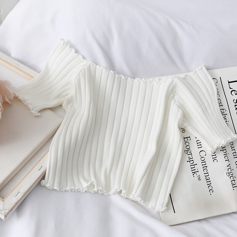 Kvinnor t-shirt off shoulder stickad crop tops kvinnor solida kortärmade smala t-shirts kvinnor sommar: Vit