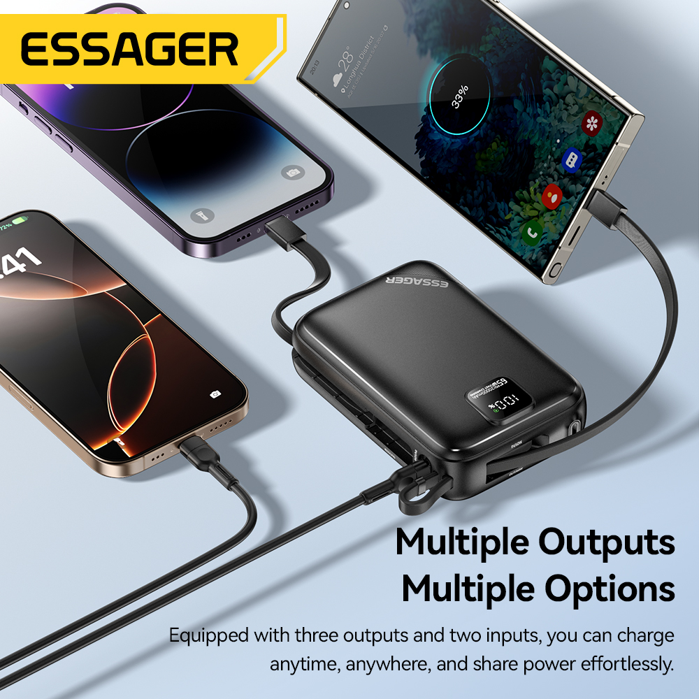 Essager Power Bank 20000mAh PD 65W Fast Charging Digital Display Portable PowerBank With 2 cables for iPhone 16 Laptop MacBook