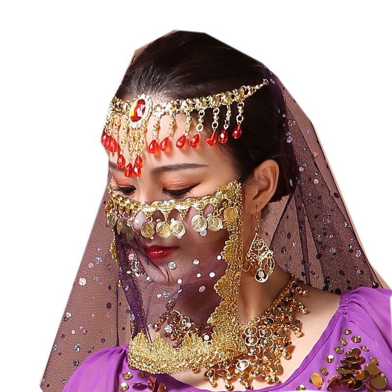 2pcs/pack Women's Belly Dance Tribal Face Veil Egyptian Mask Halloween Accessories Beautiful Sequin Tribal Dance Costume: Purple