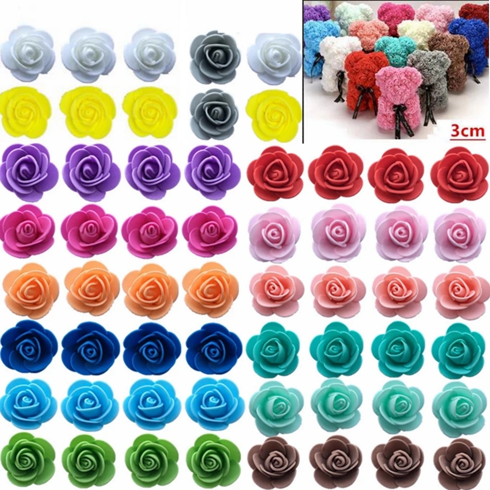 Rosa de espuma de 3cm para oso, flores artificiales, Caja de Diy, decoración de boda, Navidad, hogar, 20 colores, 50/100/200/500 piezas