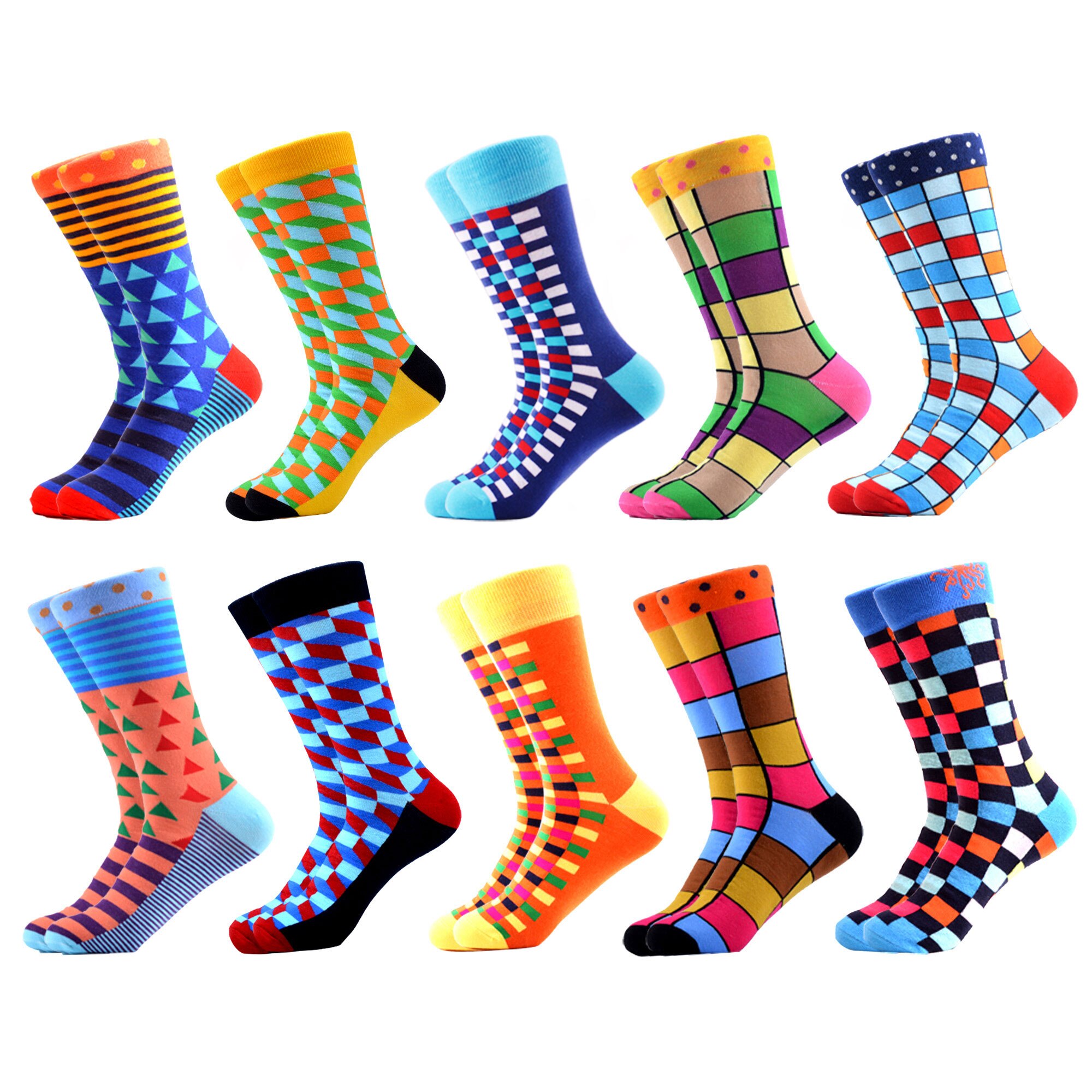 SANZETTI-chaussettes pour hommes, style Hip Hop, en coton peigné, haute couleur, nouveauté, Skateboard, motif géométrique, motif Harajuku,: 06620 (10 pairs)