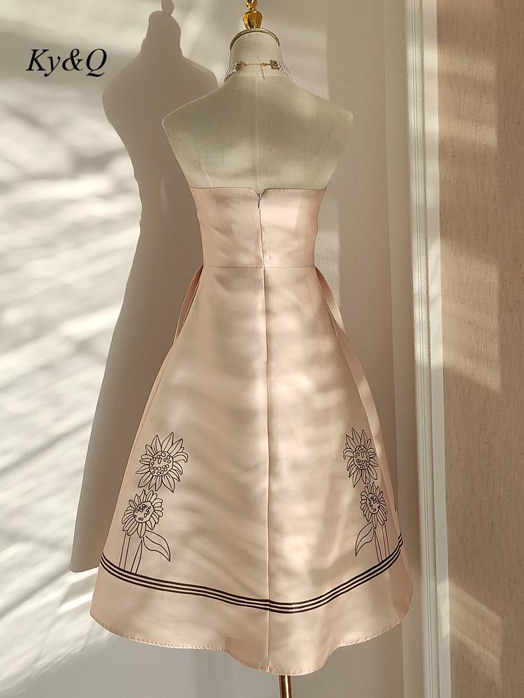 Vietnamese Brand 2022 Summer Party Sun Flower Printed Dress Woman Fishbone Waist Closing Strapless A-Line Dresses