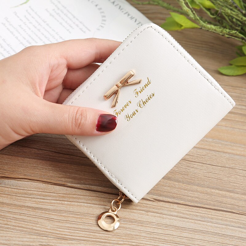 Korean Ladies Coin Purse Simple Bow Coin Purse Zipper Small Purse Short Coin Purse Card Holder: White