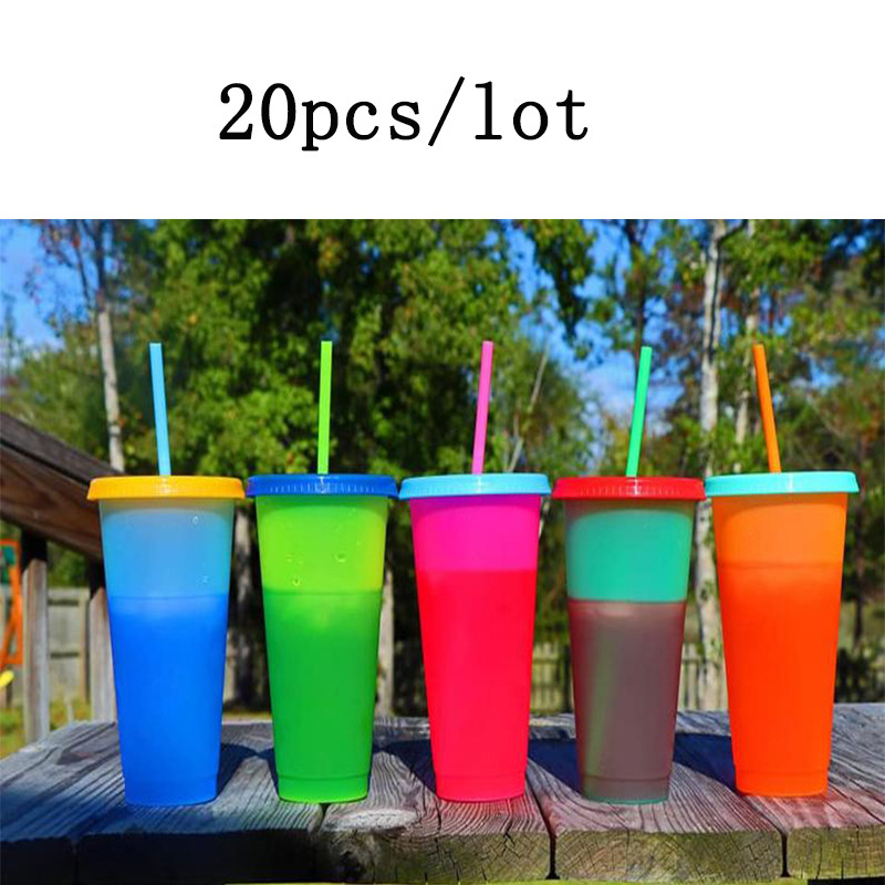 5 farver genanvendeligt plastikglas med låg og sugerør temperatur farveændring kold kop sommerdrink vandflaske 20 stk / parti