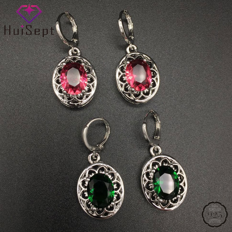 Huisept Vintage Oorbellen 925 Zilveren Sieraden Met Emerald Ruby Gemstone Oorbellen Ornamenten Voor Vrouwen Wedding Party