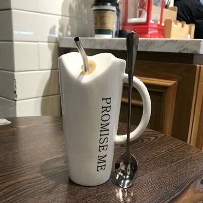 Taza de cerámica para beber OUSSIRRO, creativa, con personalidad minimalista, pajitas a granel, cuchara para hombre y mujer, taza para el hogar para oficina: Blanco