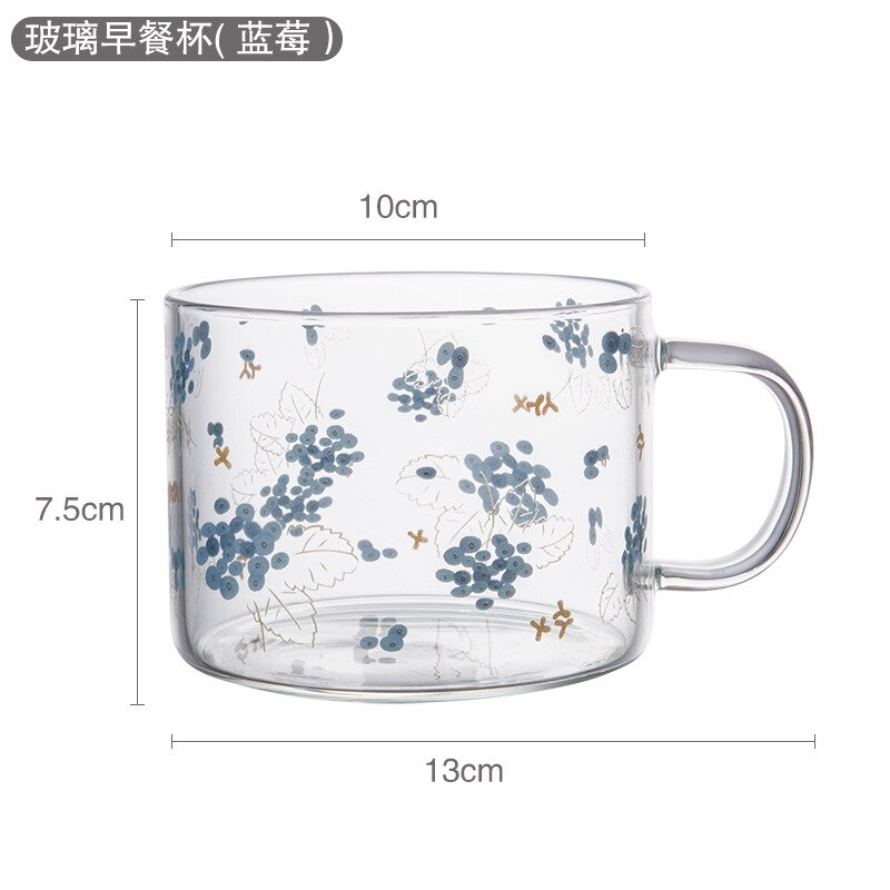 Taza de vidrio transparente con estampado de dibujos animados, vaso de café de vidrio de alto borosilicato con asa, taza de leche para desayuno y postre, 500ml, 1 unidad: Blueberries