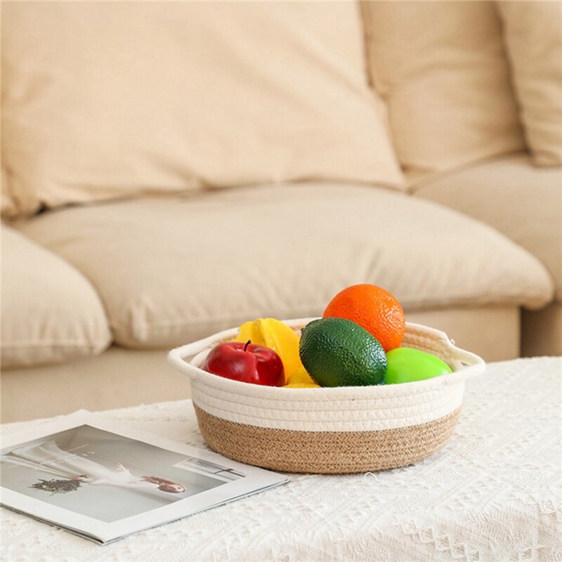 Paquete de 2 cestas de cuerda de algodón, canasta de almacenamiento tejida pequeña, bandeja de tela, tazón, plato abierto redondo para frutas, joyería, llaves