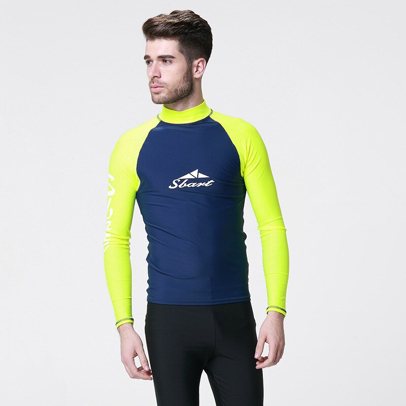 SBART Long Sleeve Rashguards Swim Shirts Men Summer Anti UV Quick Dry Surf Rash Guards Shirt UPF 50+ Scuba Diving Suits T-Shirts: Blue Yellow / XXL