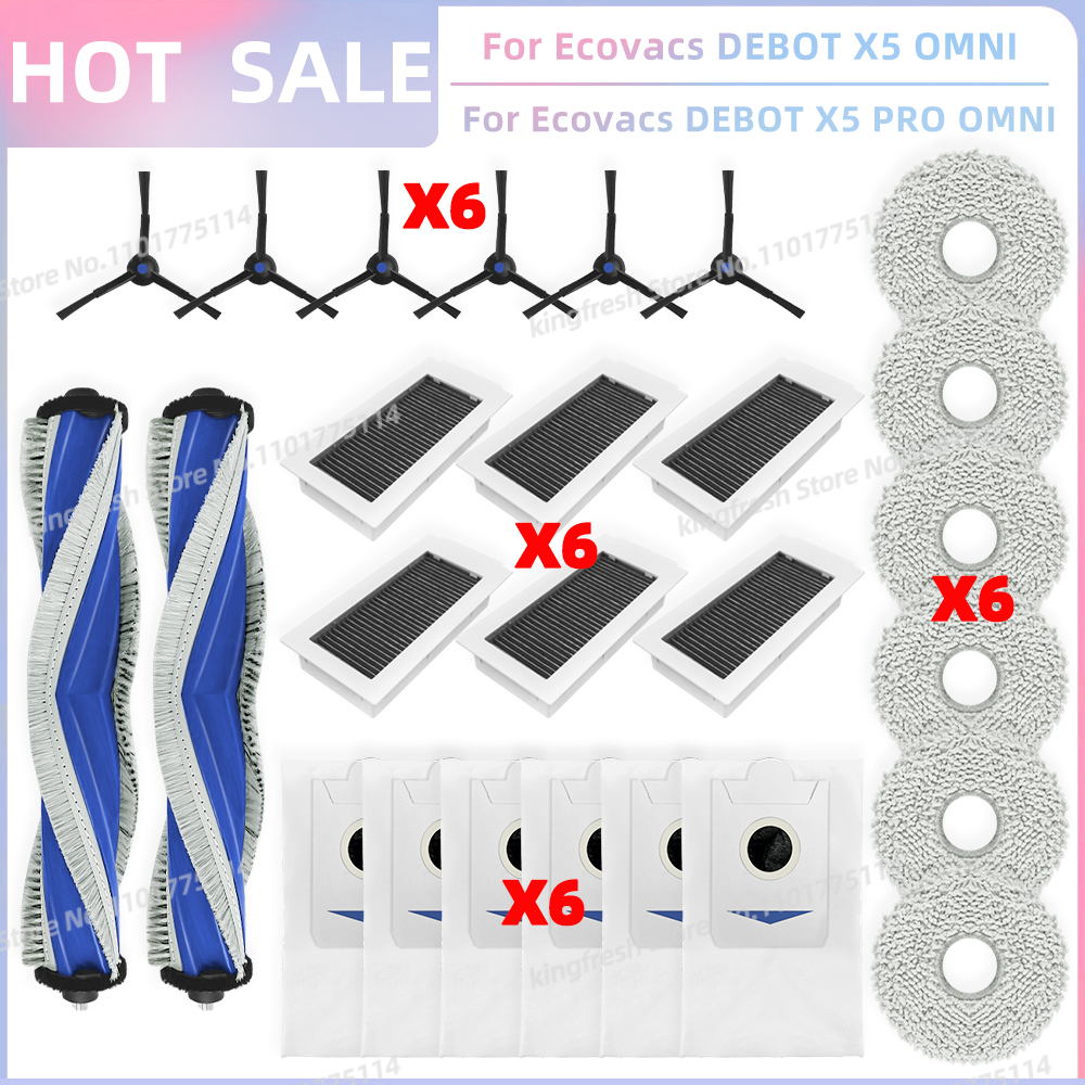 Compatible con piezas de repuesto para aspiradora robot Ecovacs Debot X5 OMNI / X5 PRO OMNI / X5 PRO - rodillo principal, cepillo lateral, filtro Hepa, paño de fregona, bolsa de polvo, accesorios: plum