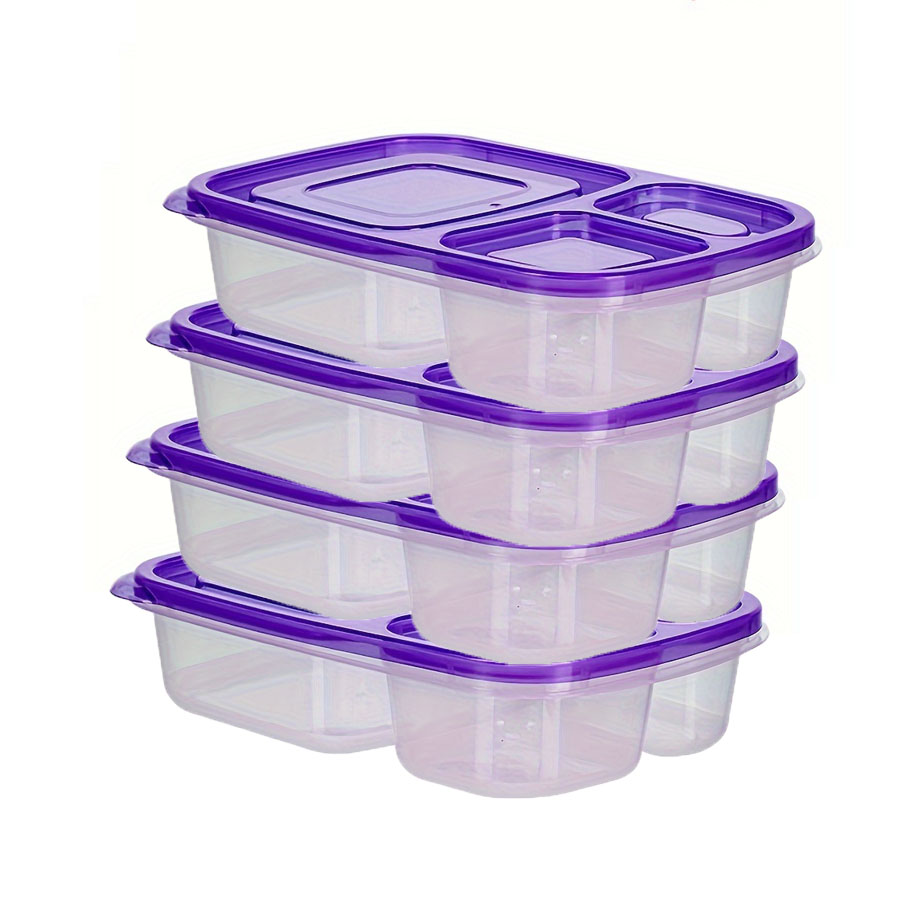 Fiambreras apilables originales, recipientes de comida reutilizables de 3 compartimentos para niños y adultos, fiambrera Bento para trabajo de comida, 4 Uds.: Morado