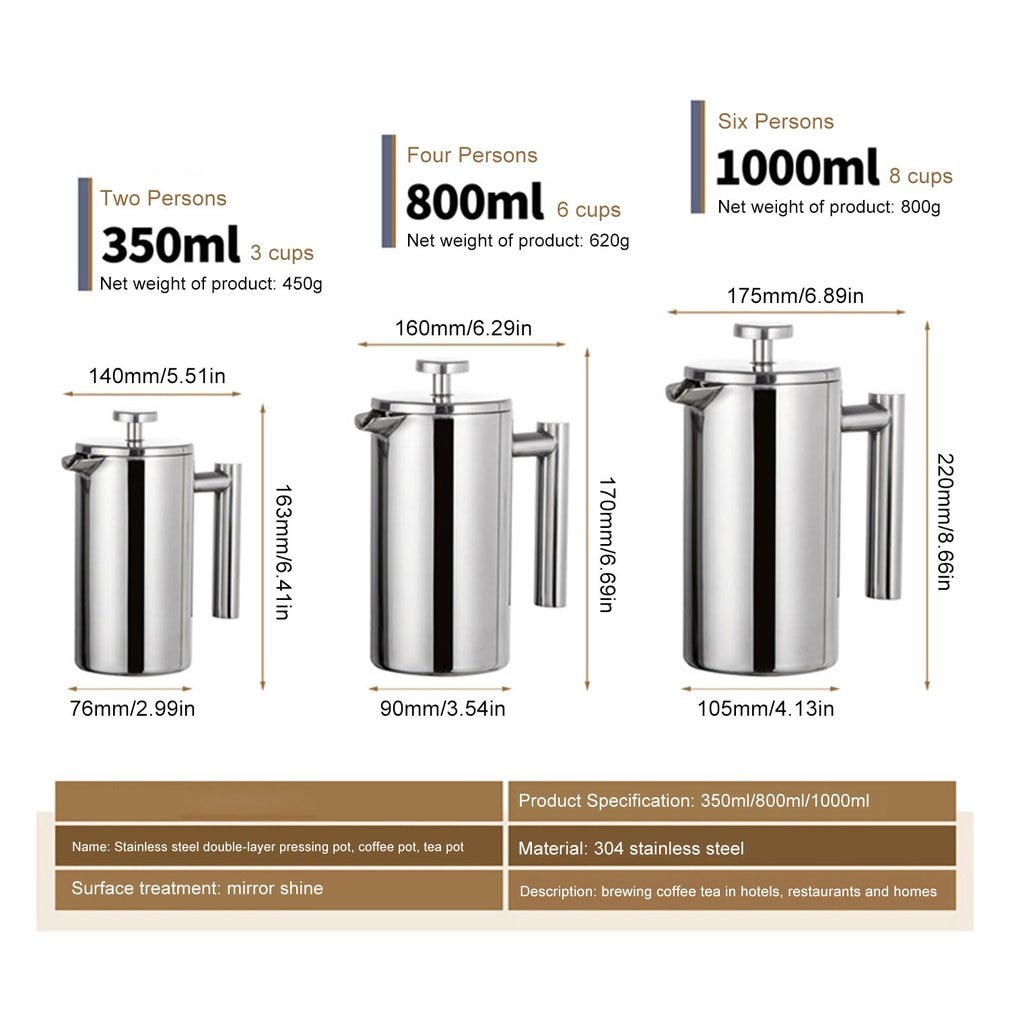 Stainless Steel French Press Coffee Maker Double Walled Cafetiere Insulated Coffee Tea Brewer Pot With Filter Baskets