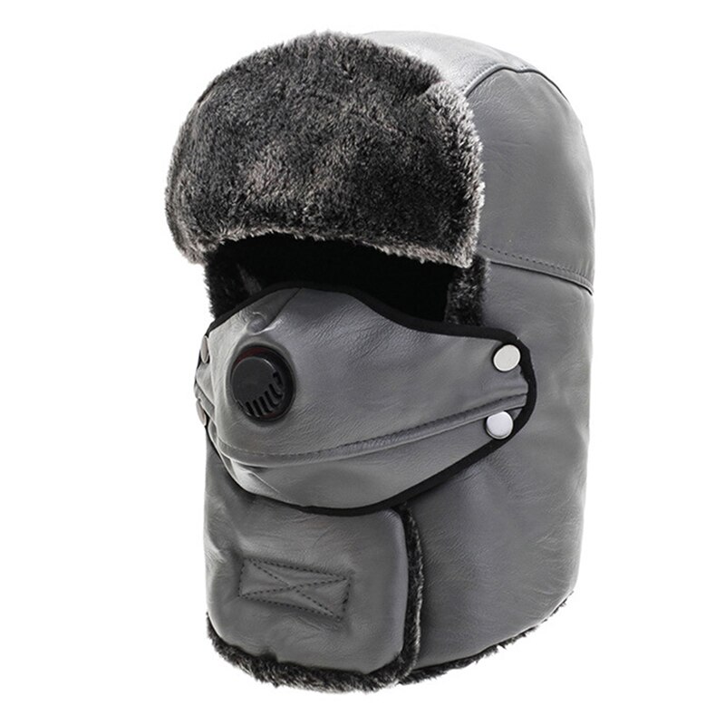 Fur Leather Russia Army Mask Hat Thick Warm Winter Outdoor Hat Bomber Hat Waterproof Hat LeiFeng Hat Full Protectional Hat: gray