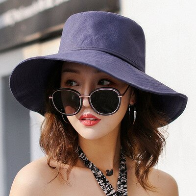 Primavera Verano sombreros de Sol para las mujeres grandes ala ancha de algodón sombrero de cubo para playa Panamá sombrero visera mar Chapeau Femme: blue