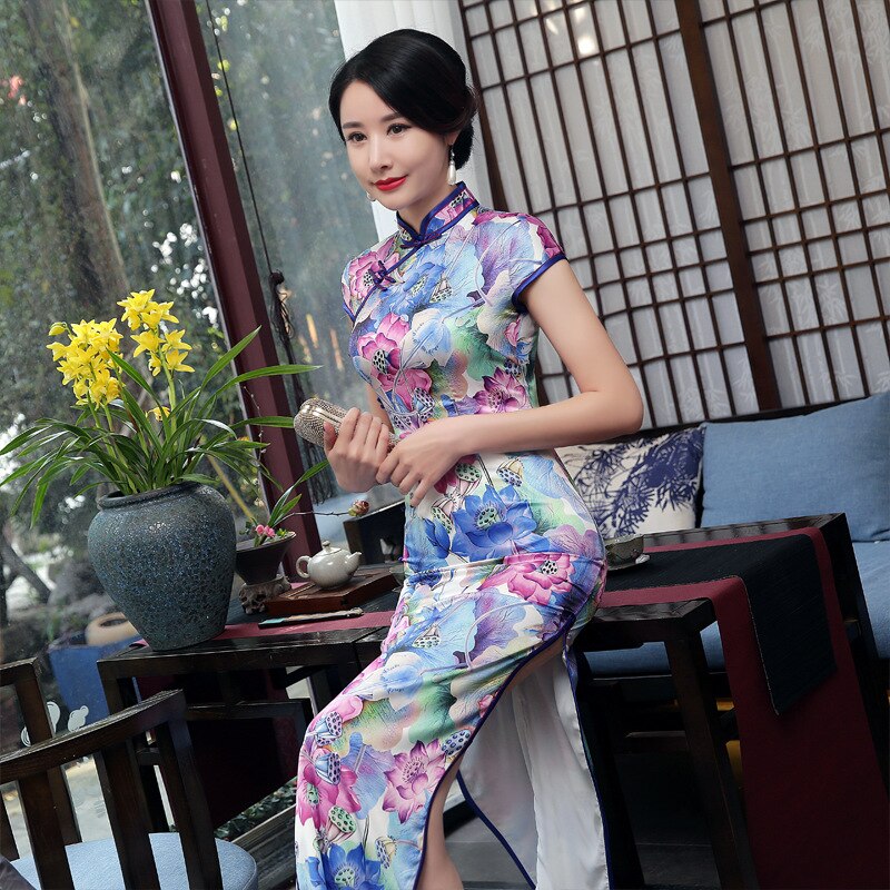 Zomerse korte mouwen bedrukte retro slanke lange cheongsam zijden dubbellaagse show catwalk cheongsam jurk qipao bloemenjurken