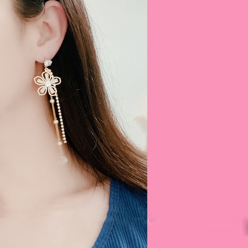 Mengjiqiao moda coreano delicado zircão flor longo borla brincos de gota para mulheres meninas elegante pérola pendientes jóias