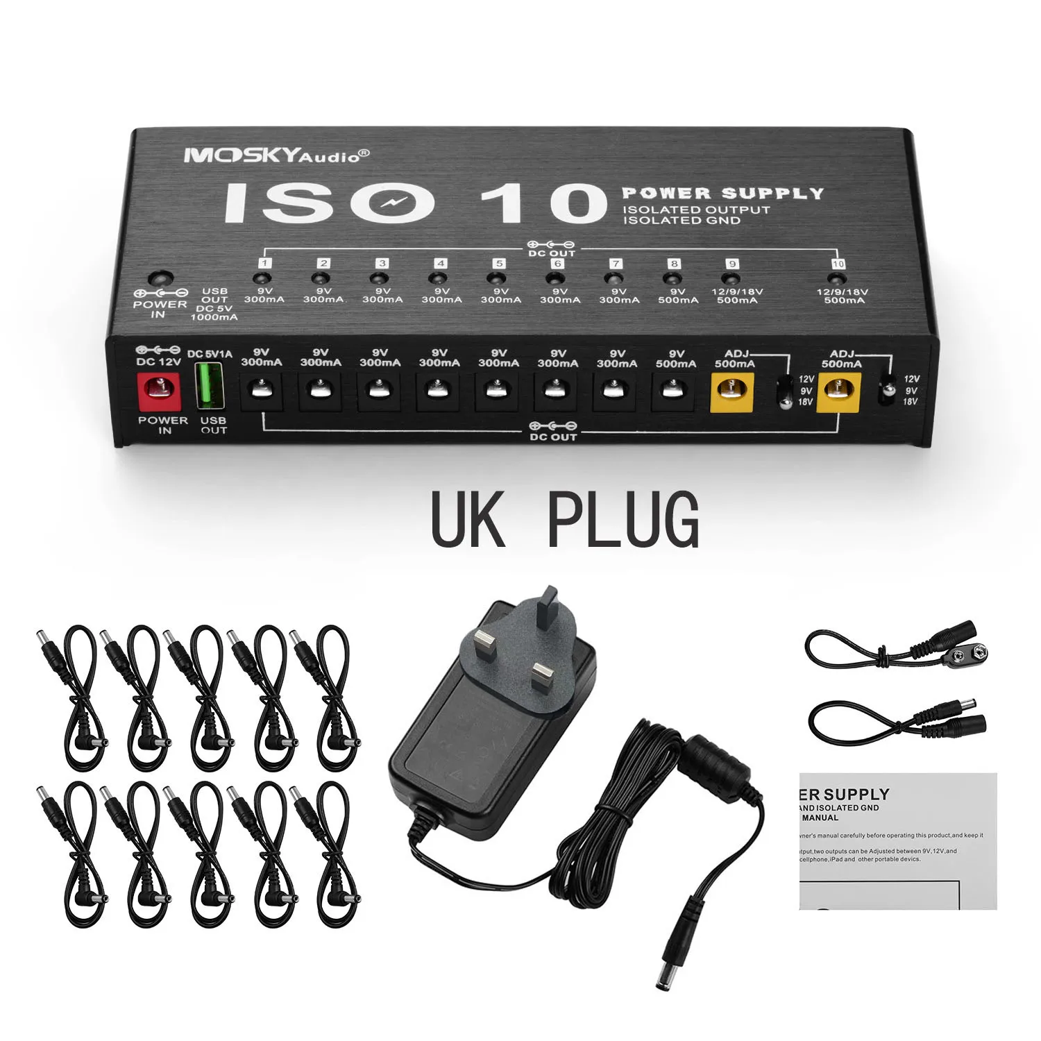 Mosky iso -10 guitar effektpedal strømforsyning dc udgange / 5v usb 18v til 9v 12v guitar effektprocessorer strømforsyning: Grøn