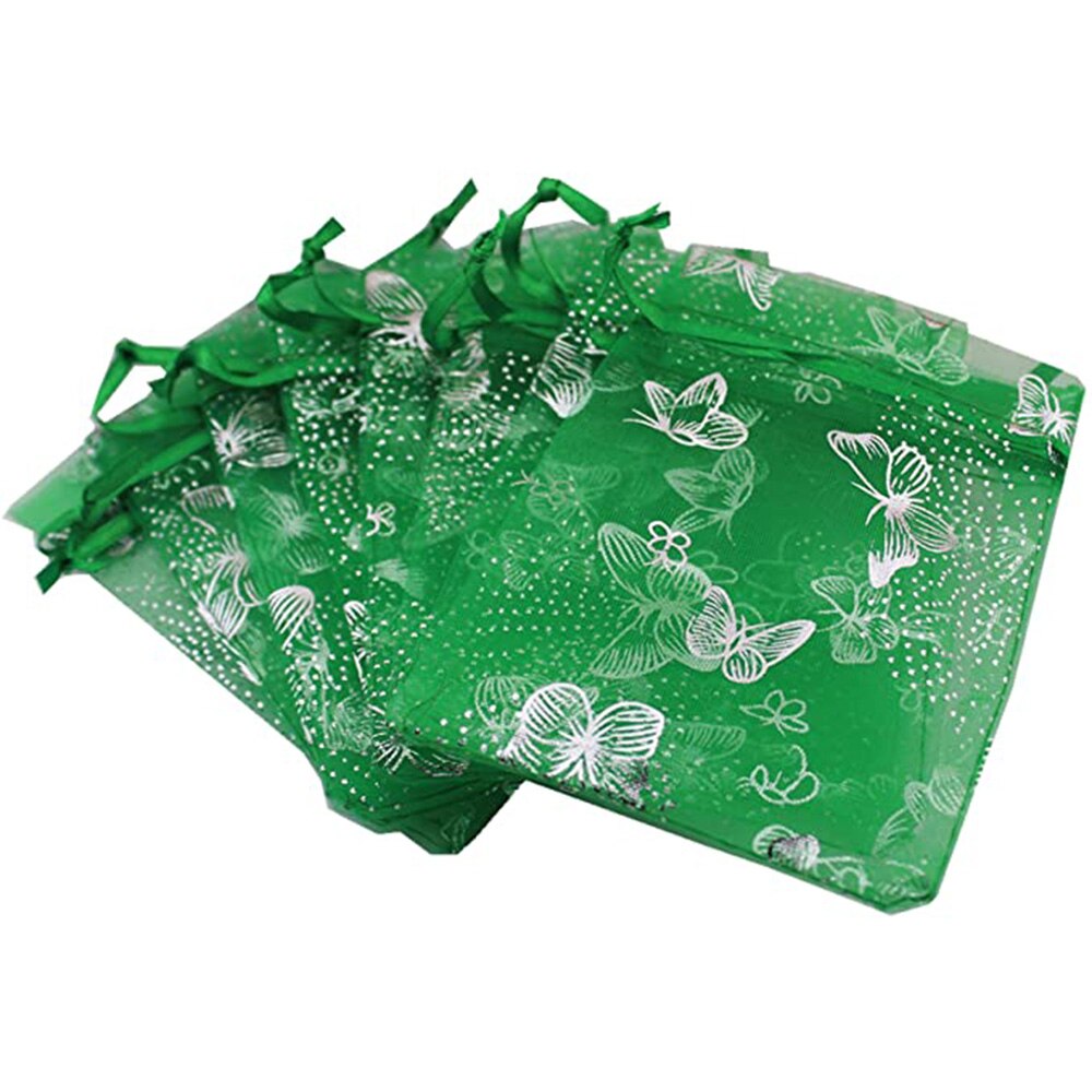 100 PCS 10 Colors Jewelry Butterfly Organza Bag 10x12cm Wedding Christmas Voile Organza Packing Drawstring Bag Pouch: Green