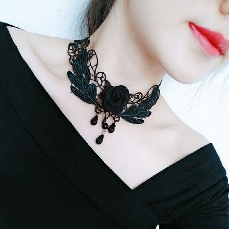 Gothic Punk Lace Choker Necklace For Women Teens Girls Rivet Heart Collar Necklace Rock Jewelry Party Necklace: C816