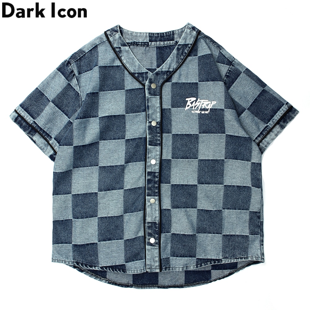 Dark Icon Plaid Denim Baseball Shirt Letters Printed Hip Hop Shirts Men Streetwear Outerwear Men's Shirt Short Sleeve