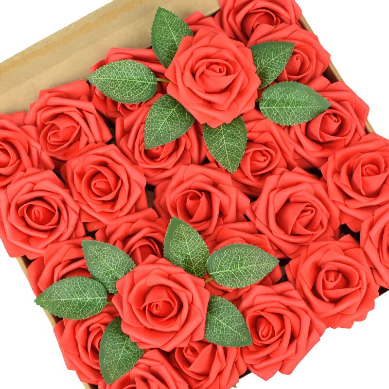 25 Pièces/boîte Mousse Artificielle Rose Fleurs avec des Feuilles Bouquets De Mariée De mariage De Décoration De Jardin de Partie Fausse Fleur BRICOLAGE Artisanat: bright red