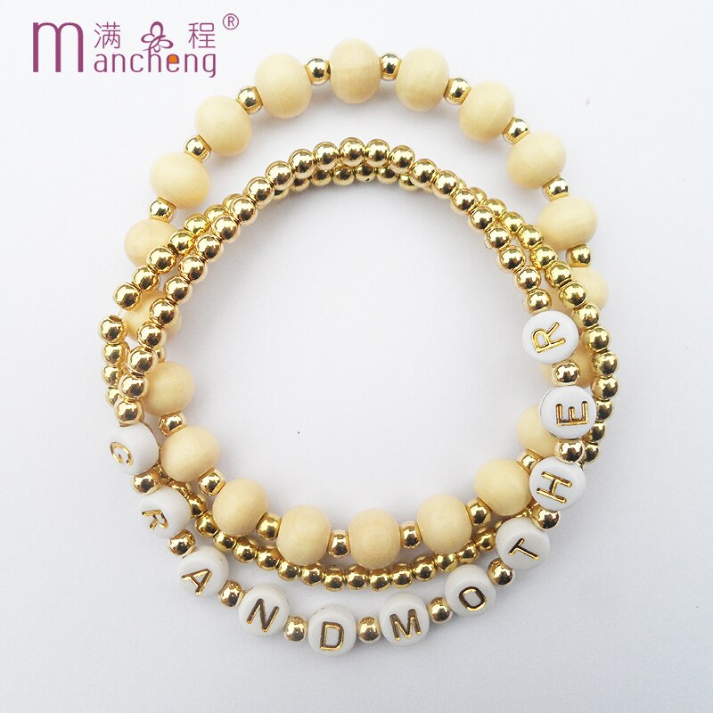 Natural Round Wooden Beads Bracelet Charm Letter ID stand " Grandmother ” Bracelets Rope chain Female Adult woman Jewelry