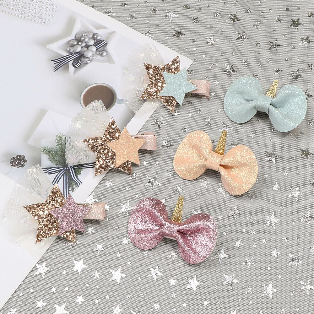 Kids Unicorn Hairpins Glitter Bow Star Hair Clips for Girls Children Headwear Barrettes Little Girl Hair Accessories