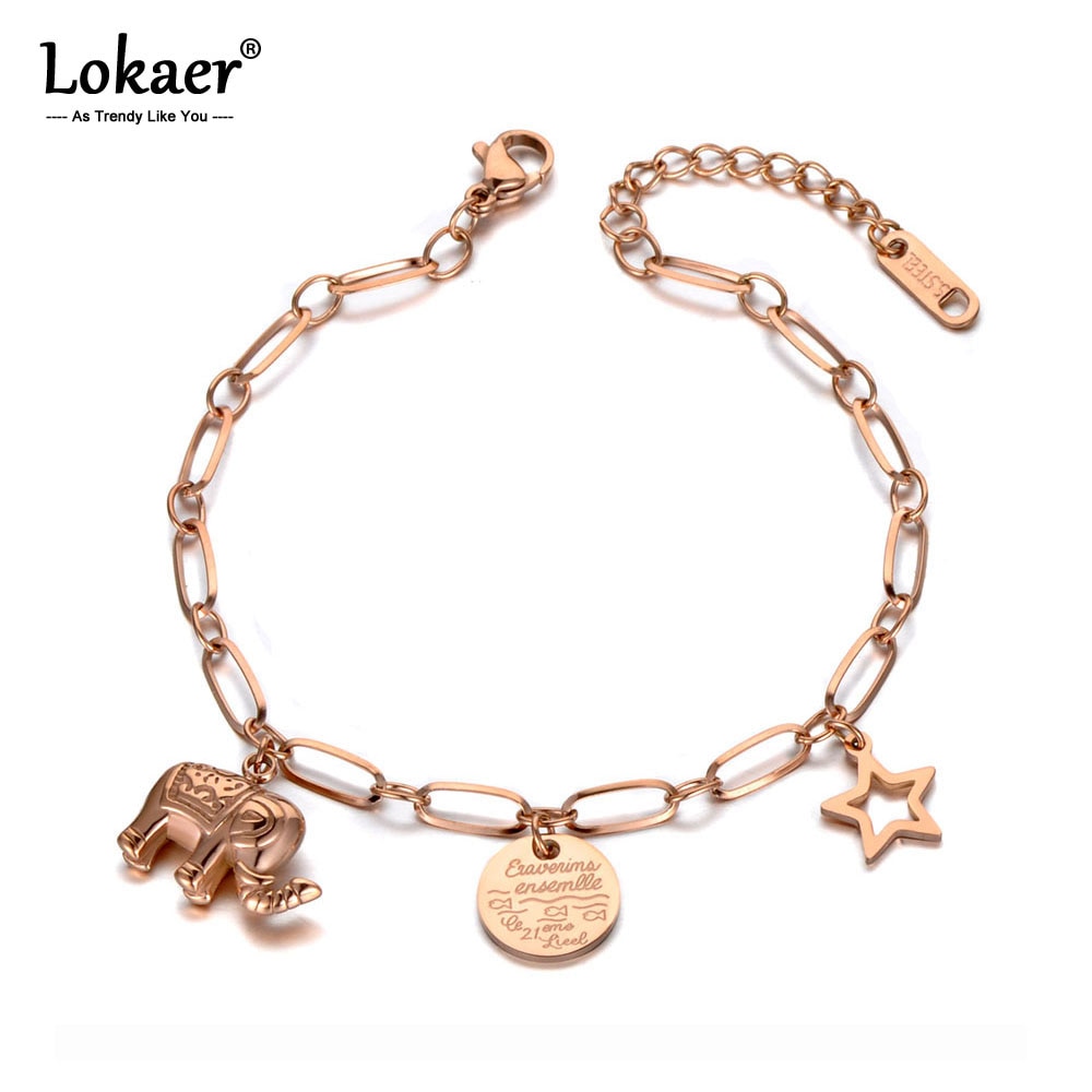 Lokaer elefante de estrella etiqueta dije pulsera brazalete para mujeres de acero inoxidable cadena de enlace Bohemia verano playa joyería B19121