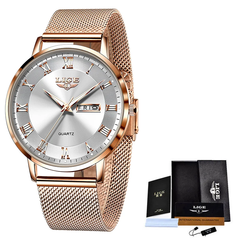LIGE, reloj de lujo a la para mujer, resistente al agua, correa de malla de acero y oro rosa, relojes de pulsera para mujer, relojes de pulsera, reloj femenino: Rosa