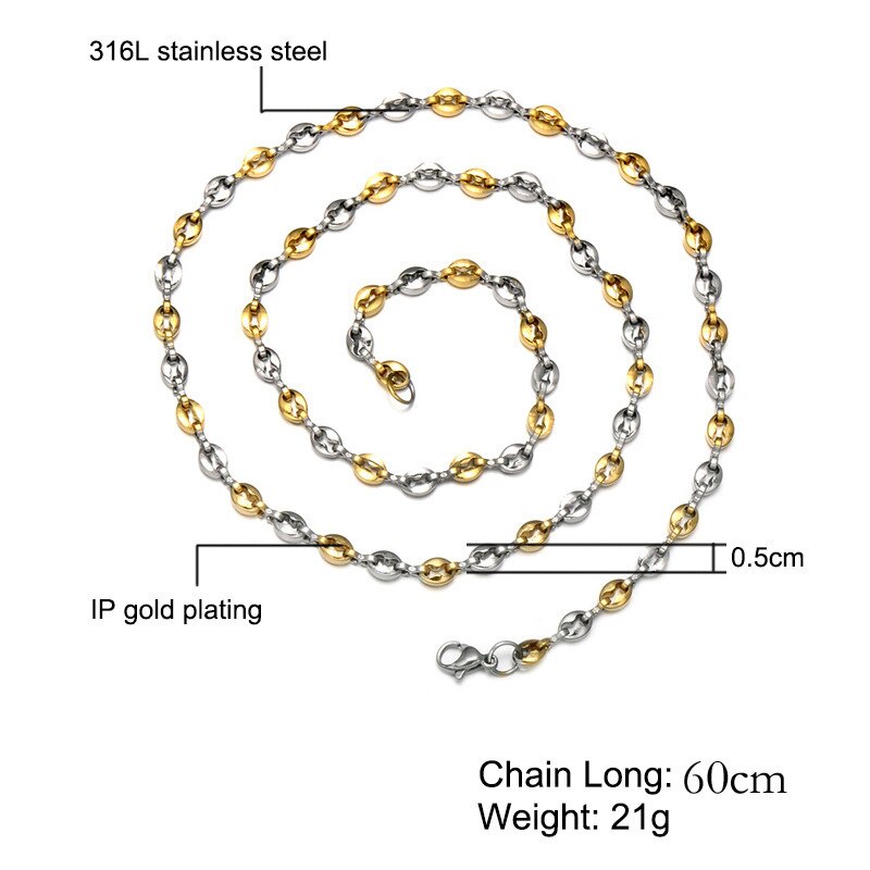 Kemstone 5mm rustfrit stål forgyldt sølvbelagte kaffebønner form kæde armbånd halskæde smykker til mænd: Sølvguld halskæde