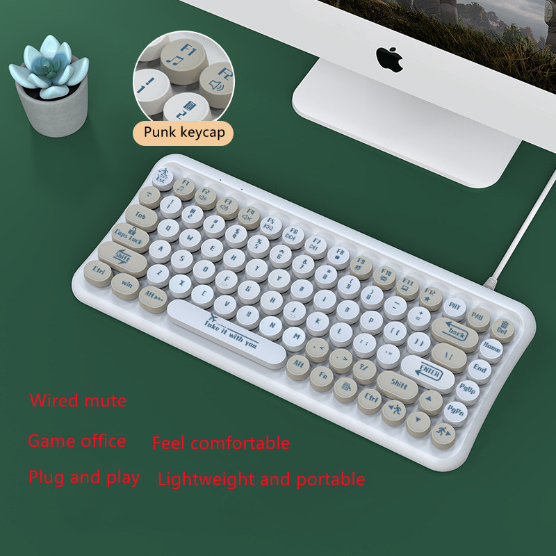 PQPYC 2.4G Wireless Keyboard Set Mixed Shuangpin Color Round punk keycap Keyboard Mouse Laptop Notebook PC Girls