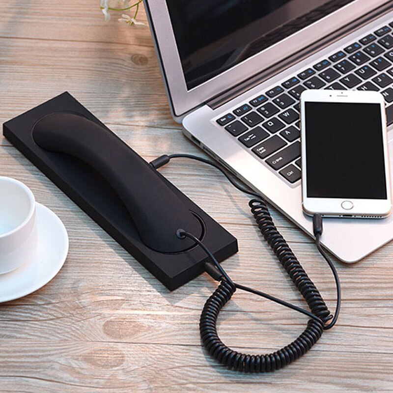 3.5mm Anti-straling Retro Telefoonhoorn Hoofdtelefoon Ontvanger met Mic Voor iPhone Samsung Handsets met Base: Black with base