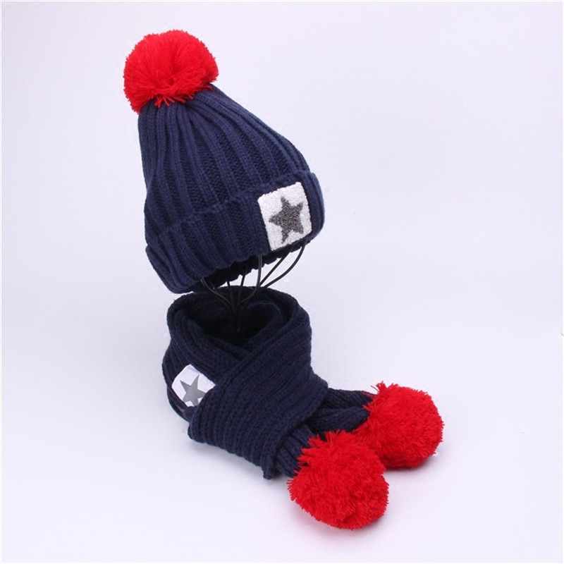 Winter warme kinderset met muts en sjaal voor kinderen, gebreide fluwelen muts, sjaal, babymeisje, jongen, effen pompon, muts, sjaal: Marineblauw